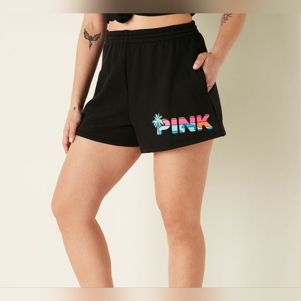 PINK Victoria's Secret Campus Shorts in Pure Black Tropical Shine Brand New 💎